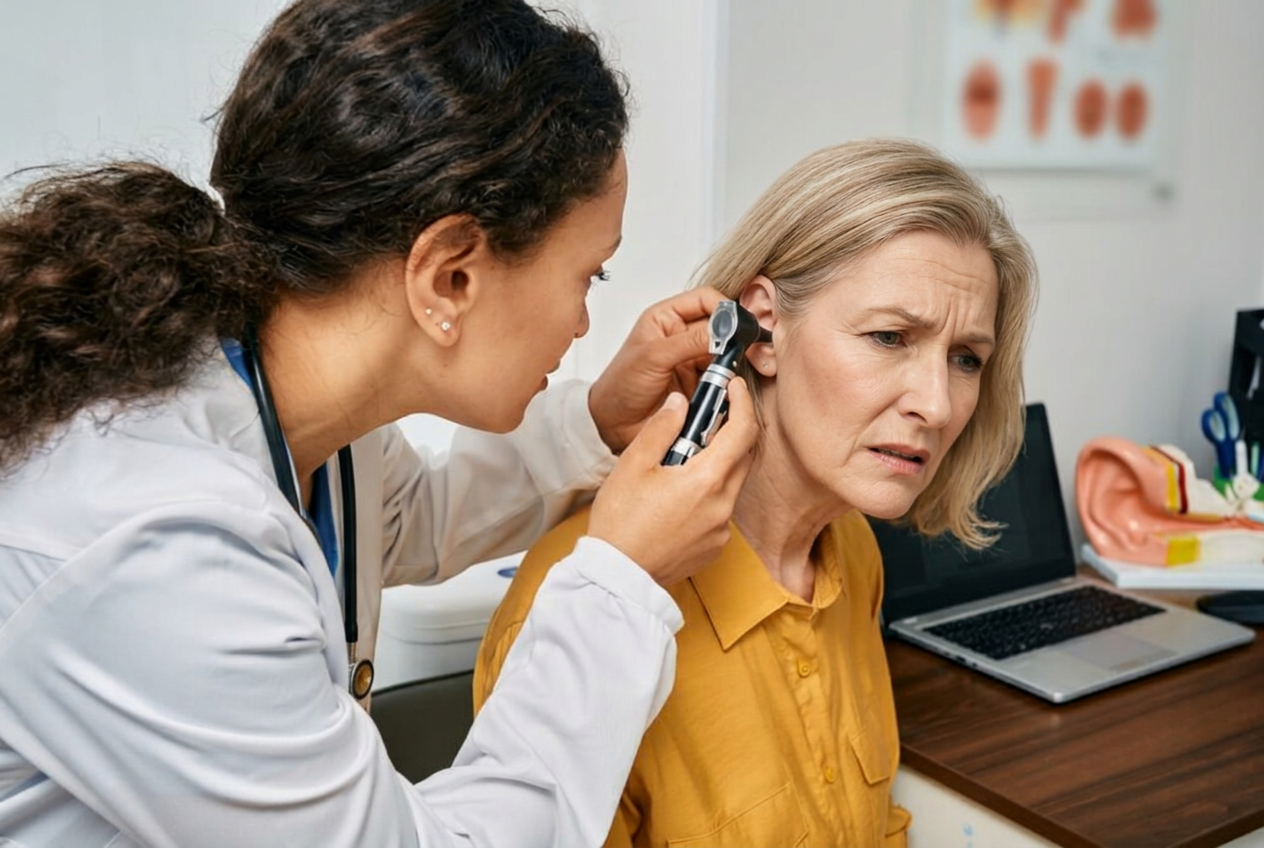 A clinician examining a woman's ear